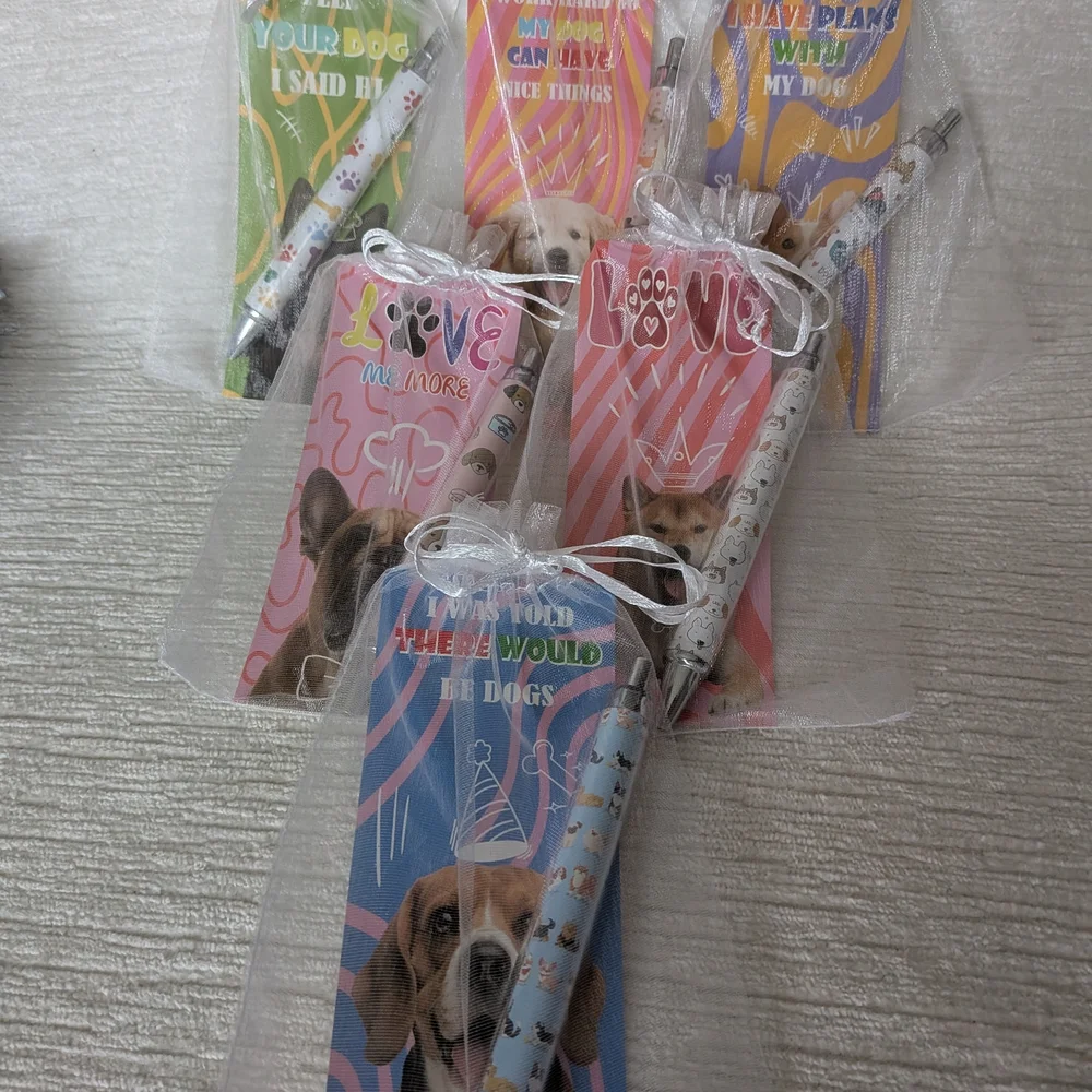 Dog-Themed Pens Gifts Qty 6, Cute Click Pens And Bookmark In Organza Mesh Bags